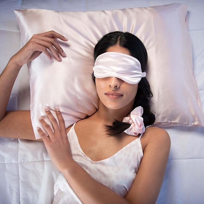 Vegan Silk Sleep Set, Silky Pillowcase with Large Scrunchie and Eye Mask for Hair and Skin, Self Care Essential Satin Night Routine Kit (Blush Color)
