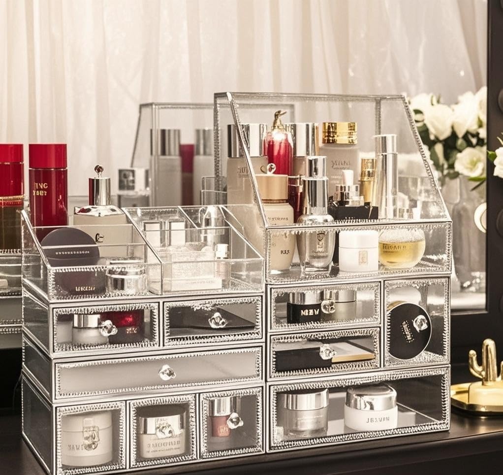 Glass Makeup Organizer for Vanity/Stackable 2Pieces Drawer Set/Antique Countertop Vanity Cosmetic Storage Box Mirror Glass Beauty Display, Holder for Brushes Lipsticks Skincare Toner (Silver)