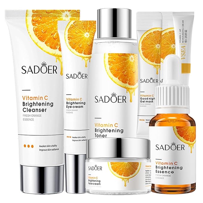 8-Pack Vitamin C Skin Care Kit, Vitamin C Complete Skin Care Set, Routine Skincare Set With Face Wash, Toner, Face Serum, Face Cream, Eye Cream, Face Mask & Lip Balm, Skincare Gift Set For Women