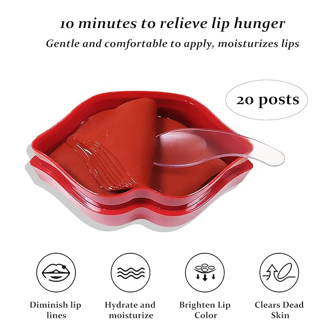20Pcs Lip Mask Sheet,Red Cherry Moisturizing Plumping Lip Patches, Gel Treatment Lip Masks for Dry Lips Plump Lip Collagen Overnight Sleeping Lip Pads Patches(Red)