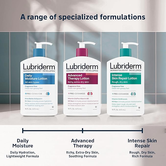 Lubriderm Advanced Therapy Moisturizing Hand and Body Lotion + Pro-Ceramide with Vitamin E and Pro-Vitamin B5, Non-Greasy, Fragrance-Free, Intense Hydration for Itchy, Extra Dry Skin, 32 FL OZ