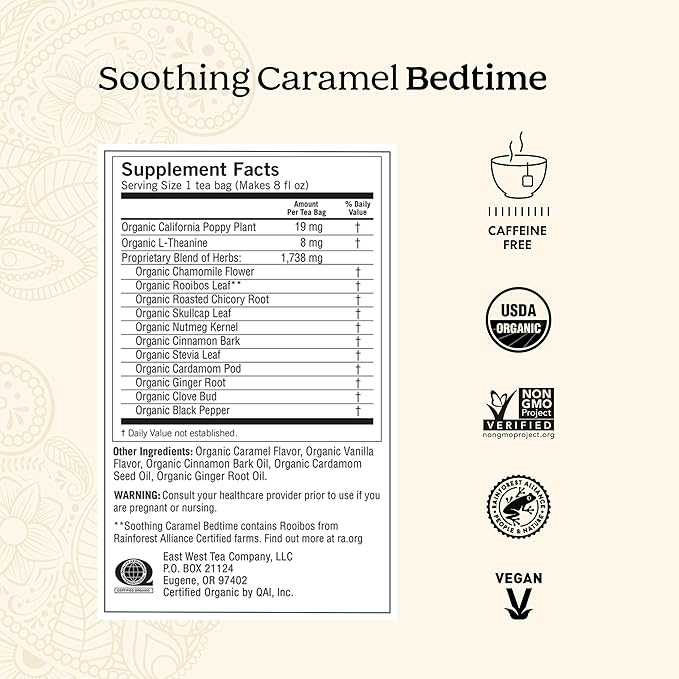 Yogi Tea Soothing Caramel Bedtime Tea - 16 Tea Bags per Pack (6 Packs) - Calming Sleep Tea - Supports Good Sleep - Includes Chamomile Flower, Rooibos Leaf, Roasted Chicory Root & More