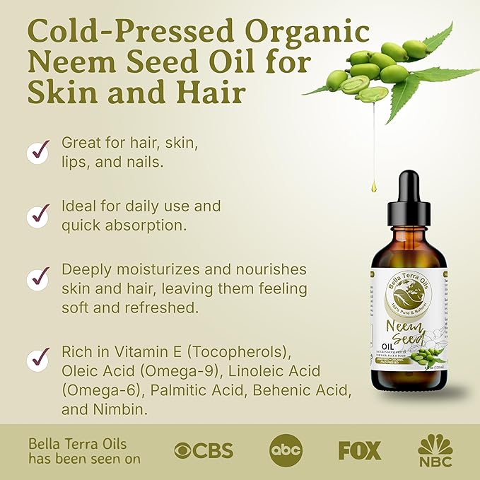 Bella Terra Oils - Organic Neem Seed Oil 8oz - Embrace Organic Neem's Richness, Packed with Azadirachtin & Nimbolide, Elevate Your Skin's Natural Glow