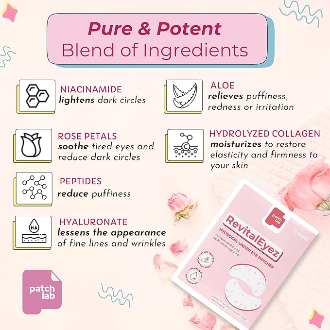 RevitalEyez Brightening Hydrogel Under Eye Patch with Niacinamide, Collagen & Rose Petals for Puffy Eyes, Wrinkles, Dark Circles (10 pairs)