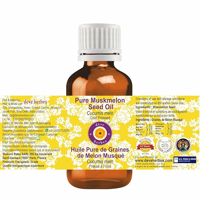 Deve Herbes Pure Muskmelon Seed Oil (Cucumis melo) Natural Therapeutic Grade Cold Pressed 10ml (0.33 oz)