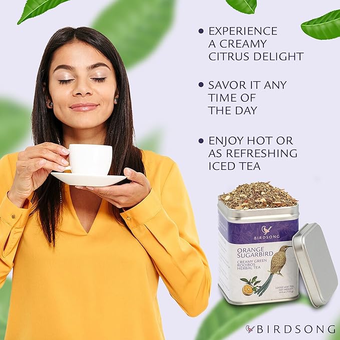 Birdsong Orange Sugarbird: Organic Green Rooibos Herbal Teas, Light and Refreshing Caffeine Free Tea with 100% Natural Sweet Creamy Flavor and Health Benefits, Decaffeinated Honeybush Loose Leaf