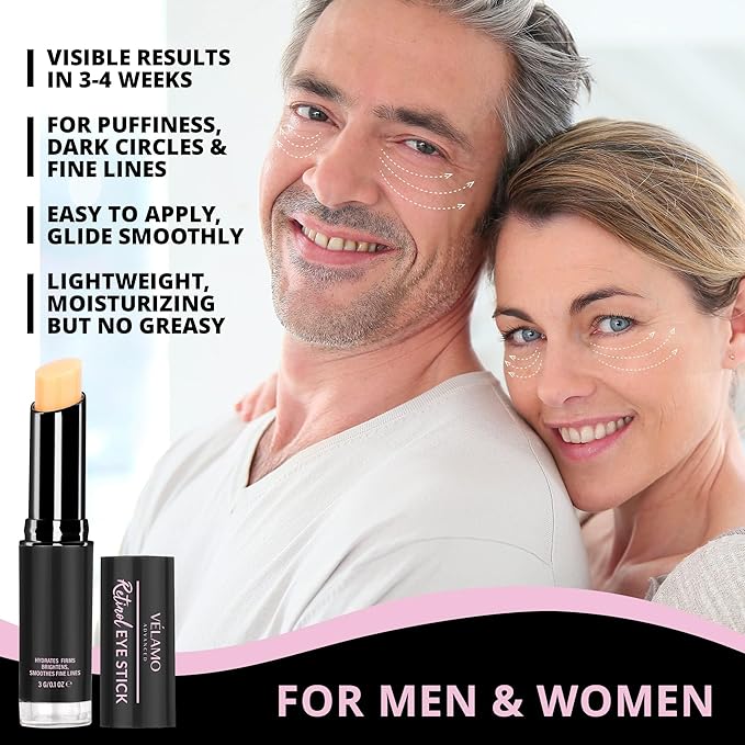 VELAMO ADVANCED Retinol Eye Stick: Retinol Eye Cream for Dark Circles and Puffiness with 1% Bakuchiol and Caffeine - Visibly Reduces Fine Lines Wrinkles Under Eye Bags with Upgraded Formula 0.1 OZ/3g