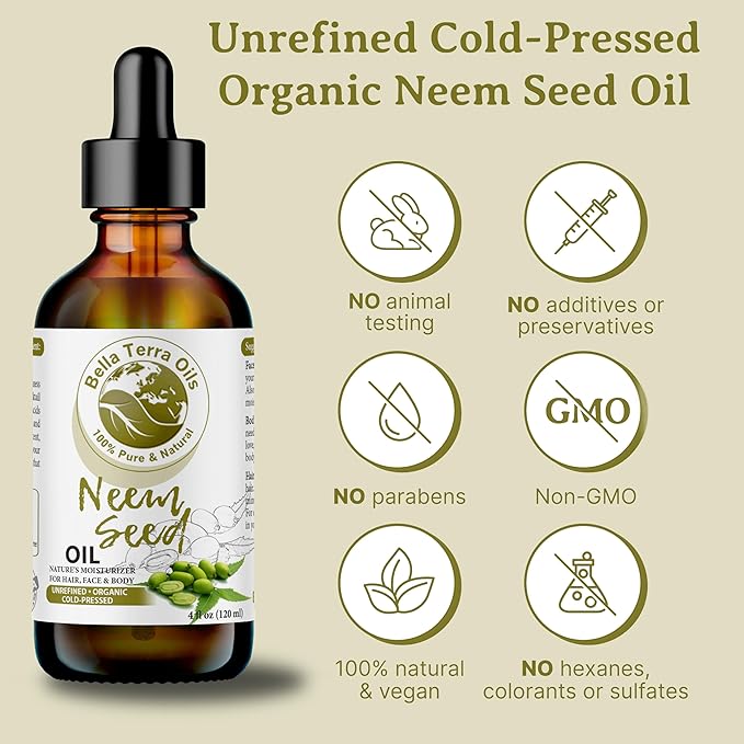 Bella Terra Oils - Organic Neem Seed Oil 8oz - Embrace Organic Neem's Richness, Packed with Azadirachtin & Nimbolide, Elevate Your Skin's Natural Glow