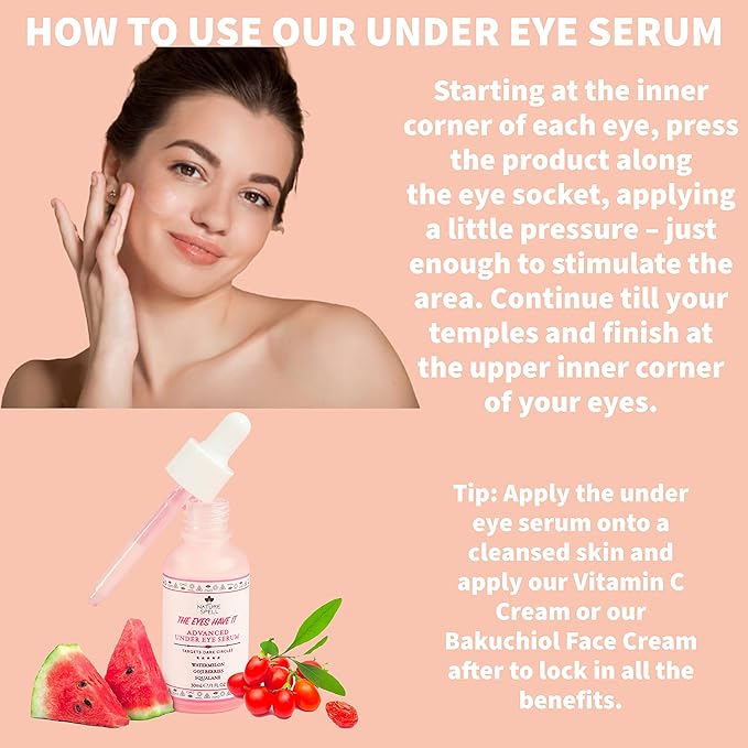 Nature Spell Advanced Under Eye Serum with Watermelon & Goji Berries 1 Fl Oz– Targets Dark Circles, Puffiness & Eyebags – Anti Wrinkle Under Eye Cream - 100% Vegan – Made in the UK