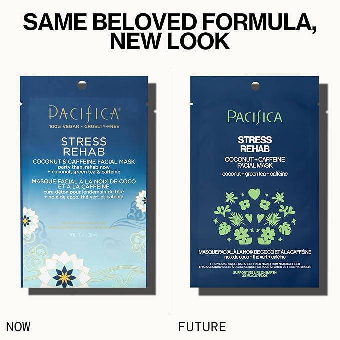 Pacifica Sheet Mask - Stress Rehab Coconut & Caffeine Facial Mask - 12-PACK De-Stress Sheet Mask for Redness & Puffiness Relief, Infused w/Green Tea, Turmeric & Hyaluronic Acid Cruelty-Free Skincare