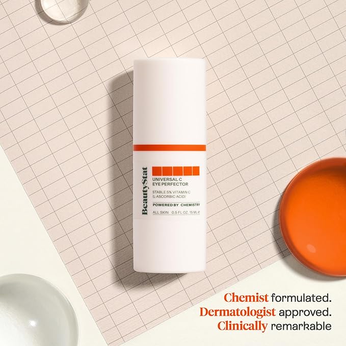BeautyStat C Eye Perfector Dark Circle Reducing Vitamin C Eye Cream, Made in the USA with 5% L-Ascorbic Acid (Pure Vit C), Hyaluronic Acid - Hydrating, Firming (0.5oz / 15ml)