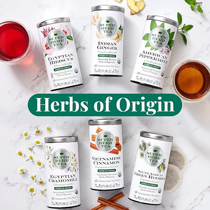 The Republic of Tea — Organic Indian Ginger SuperHerb Tea Tin, 36 Herbal Tea Bags, Naturally Caffeine-Free Herbs of Origin