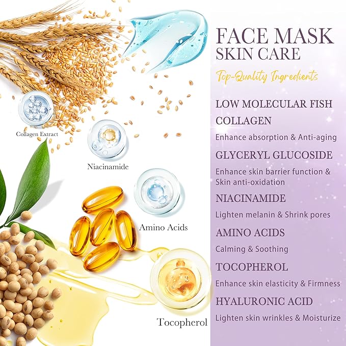 6PCS Collagen Face Mask Overnight Bio-Collagen Real Deep Mask Skincare Deep Collagen Anti Wrinkle Lifting Mask for Pore Minimizing Firming Elasticity and Wrinkle(3pcs White&3pcs Purple)