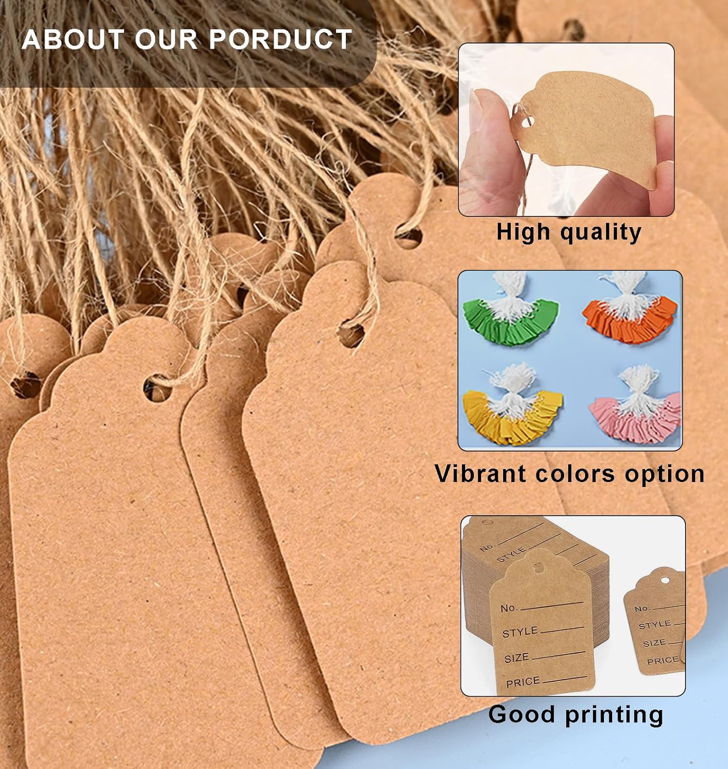 100–500PCS Custom Price Tags with String, Personalized Kraft Hang Tags for Clothing, Jewelry, Bags, Wedding, Small Business&Gift Packaging
