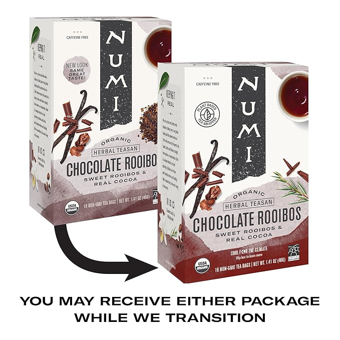 Numi Organic Chocolate Rooibos Tea, 16 Tea Bags (Pack of 6), Red Tea with Cocoa, Honeybush & Vanilla (Packaging May Vary)