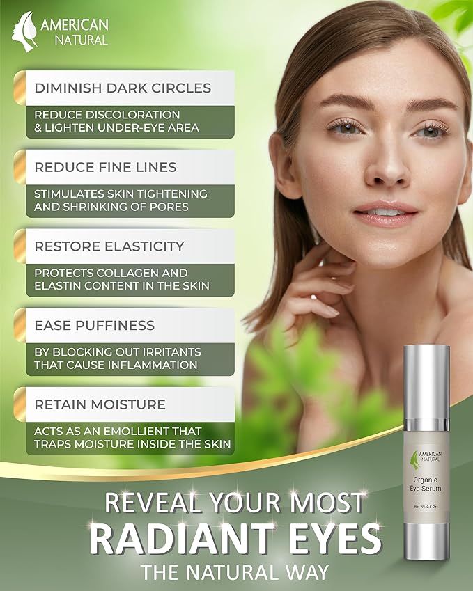 American Natural Eye Serum for Puffy Bags Under Eyes (0.5oz) - Dark Eye Circle Remover with Organic Cucumber & Chamomile Extract | Fine Line & Wrinkle Reduction Anti Aging Serum For Men & Women