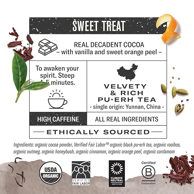 Numi Organic Chocolate Pu-erh Tea, 16 Tea Bags, Aged Yunnan Pu-erh Black Tea with Cocoa & Orange Peel (Packaging May Vary)