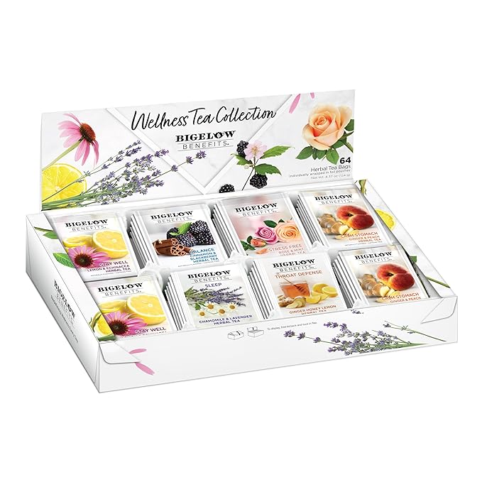 Bigelow Benefits Wellness Herbal Tea Collection, Caffeine Free, Variety Gift Box Sampler, 64 Tea Bags, (Pack of 1) (Flavors may vary)