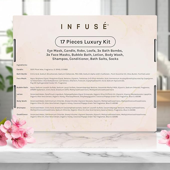 17-Piece Luxury Gift Set with Robe | Complete White Tea & Coconut Bath Collection | Self-Care Kit with Bath Bombs, Face Masks & Hair Care | Bridesmaid, Mom, Wife, Grandma or Loved Ones