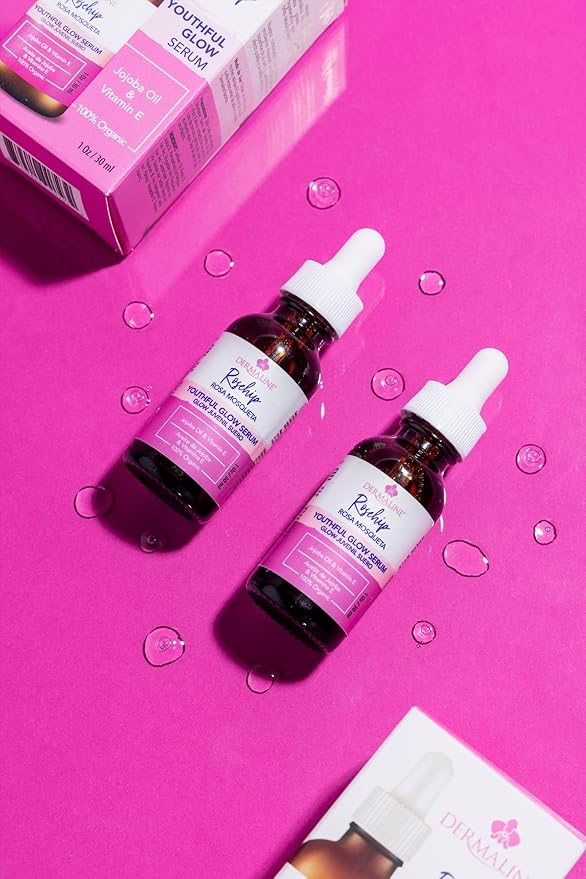 Dermaline Organic Rosa Mosqueta Rosehip Seed Oil 100% Pure Virgin Serum for Face with Jojoba Oil and Vitamin E