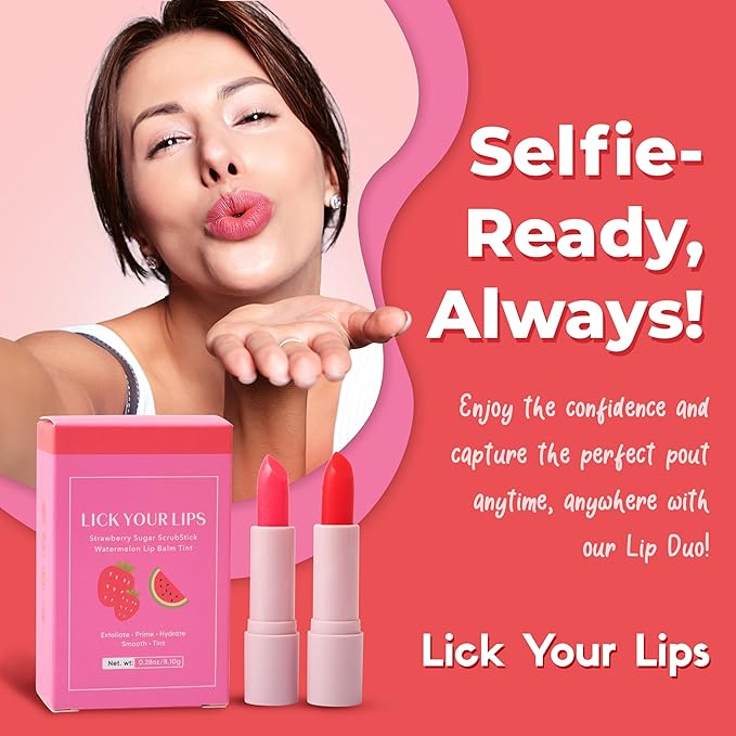Watermelon Tinted Lip Balm and Strawberry Sugar Lip Scrub Stick Duo - Lip Scrubber Exfoliator helps Lip Repair, Deep Hydration, and a Soft, Radiant Pout 8.10g