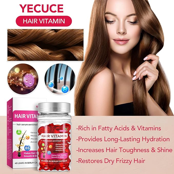 Hair Vitamin Serum Oil Capsule,Hair Treatment Serum with Vitamins A C E Pro B5 and Argan Macadamia Avocado Oils,No Rinse,and Safe for All Hair,For Men & Women(40PC)