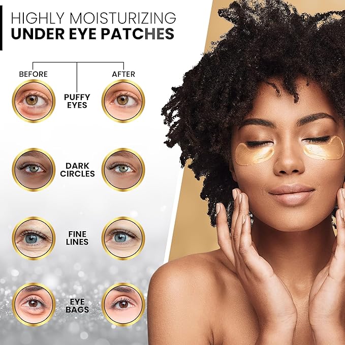 Under Eye Patches for Dark Circles and Puffiness ā 24 Collagen Pairs for Puffy Eyes, Wrinkles & Bags ā Gold Gel Eye Mask Vegan & Cruelty-Free