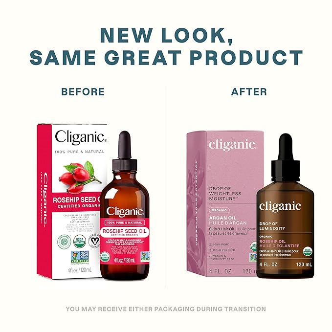 Cliganic Organic Rosehip Seed Oil for Face, 100% Pure | Natural Cold Pressed Unrefined Non-GMO | Carrier Oil for Skin, Hair & Nails (Packaging May Vary)