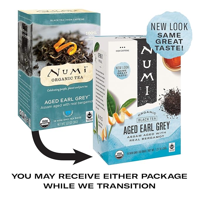 Numi Organic Aged Earl Grey Tea, 18 Tea Bags (Pack of 3) Black Tea With Bergamot Orange, Caffeinated (Packaging May Vary)