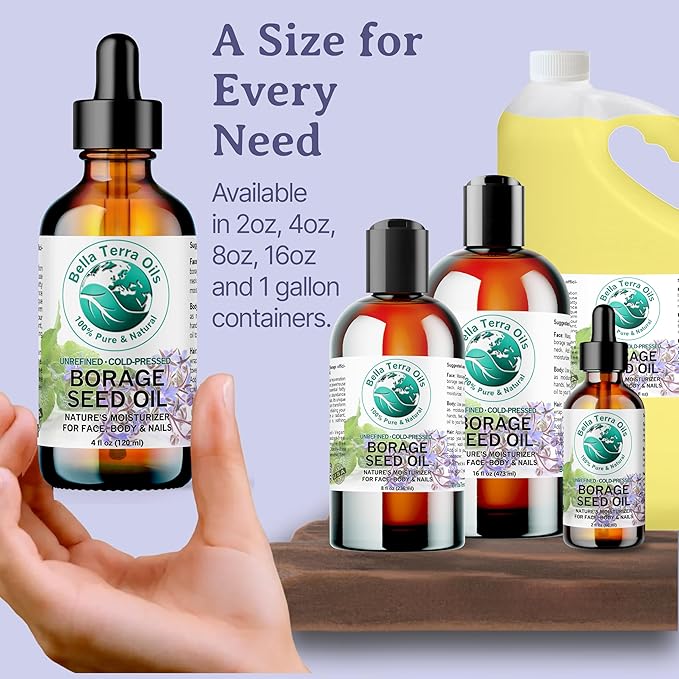 Bella Terra Oils - Organic Borage Seed Oil 4 oz - Rich in GLA, Pure & Untouched, Abundant in Omega-6 Fatty Acids, Elevate Skin's Natural Radiance & Softness