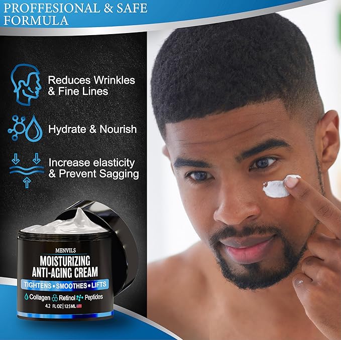 Mens Face Moisturizer Cream - Anti Aging & Wrinkle Cream - Face Moisturizer For Men with Collagen, Retinol, Peptides, Jojoba Oil - Facial Skin Care Lotion - Day & Night - 4.2 OZ