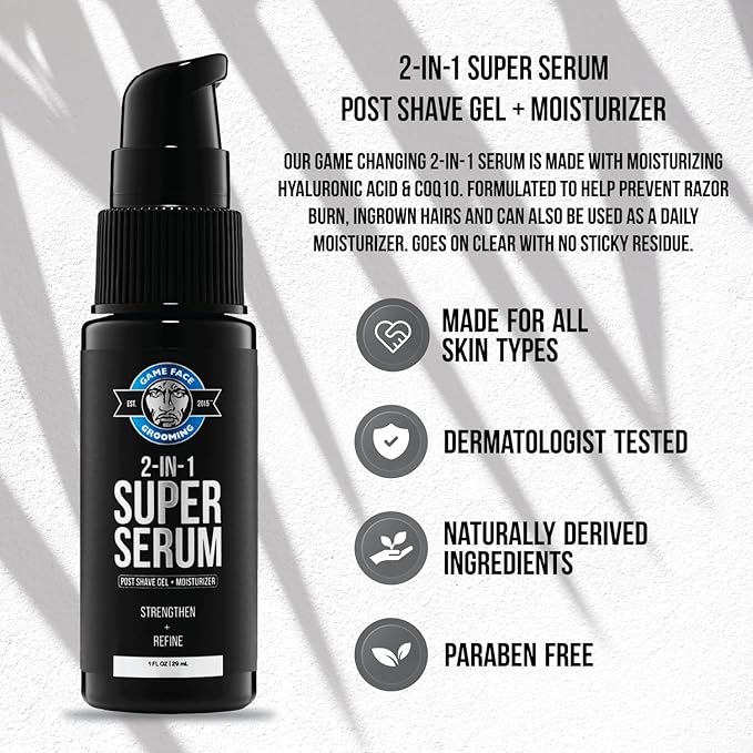 Game Face Grooming 2-in-1 Super Serum - After Shave Gel & Daily Moisturizer Skin Care For Men | Reduce Redness, Razor Burn, & Irritation | Hydrate Skin, Prevent Wrinkles