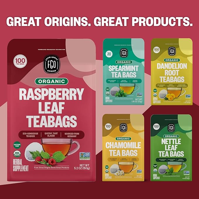 FGO Organic Red Raspberry Leaf Tea Bags, 100 Eco-Conscious Tea Bags, Caffeine Free, Imported from Germany, Reseable Bag, Packaging May Vary (Pack of 1)