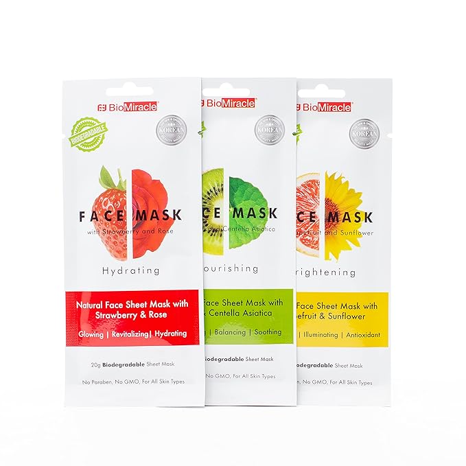 BioMiracle Natural Face Mask Variety Pack, Pack of 15, with Hydrating Face Masks, Nourishing Face Masks