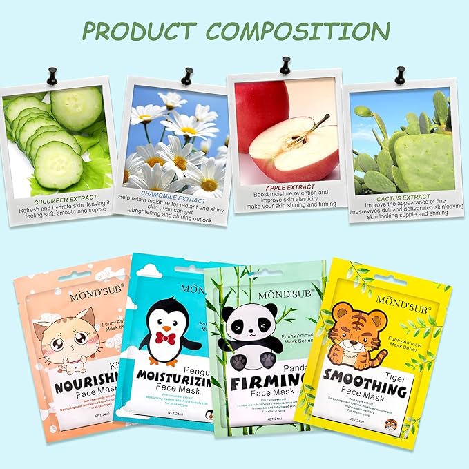 Animal Spa Beauty Mask, Character Masks Sheet-(Pack of 5) KITTY Cat Firming Nourishing & Moisturizing Effects For All Skin Types- Birthday Party Gift for her, Girls Night, Spa Night, Beauty Gift