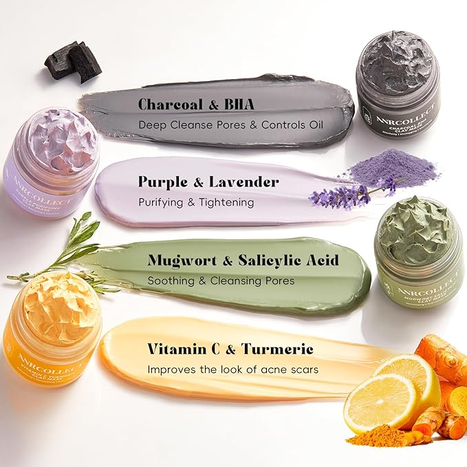 Face Mask Set, 4Pcs Clay Mask, Face Masks Skin Care with Vitamin C, Charcoal, Mugwort and Purple Clay, Skincare Gift Set for Blackheads, Refining Pores & Controling Oil, Dry Oily Skin