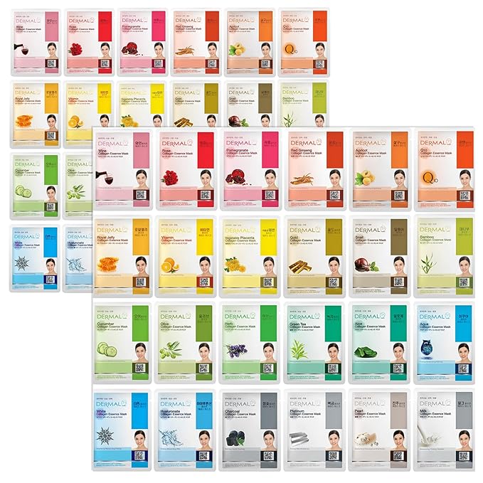 DERMAL 48 Combo Pack Collagen Essence Korean Face Mask - Hydrating and Soothing Facial Mask with Panthenol - Hypoallergenic Self Care Sheet Mask for All Skin Types - Natural Home Spa Treatment Mask