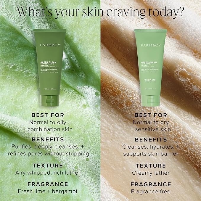 Farmacy Foaming Face Wash for Oily Skin - Whipped Greens Oil-Free Gentle Facial Cleanser + Exfoliator - Infused with Green Clay to Remove Impurities, Control Oil + Maintain Skin Hydration (5 fl oz)