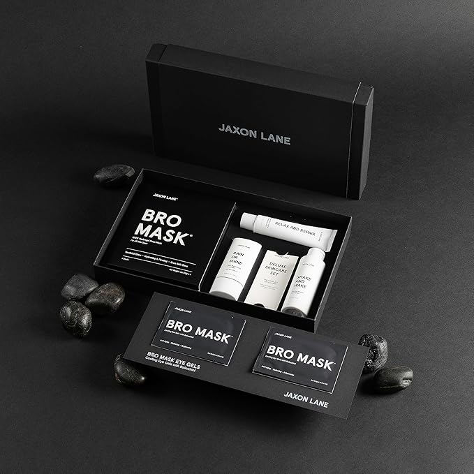 Mens Skin Care Kit 5 Piece Deluxe Facial Skincare Routine Gift Set, Anti Aging Korean Skin Care for Men: Enzyme Powder Face Wash, Moisturizer, SPF 50 Sunscreen, Bro Mask Sheet Masks, Under Eye Patches