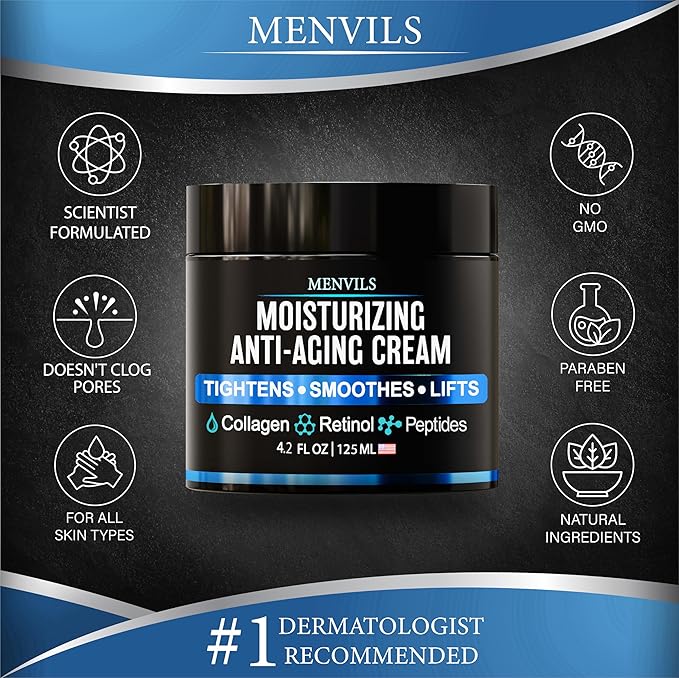 Mens Face Moisturizer Cream - Anti Aging & Wrinkle Cream - Face Moisturizer For Men with Collagen, Retinol, Peptides, Jojoba Oil - Facial Skin Care Lotion - Day & Night - 4.2 OZ