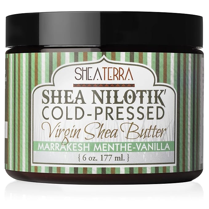 Shea Terra Organics 100% Organic Cold-Pressed Virgin Shea Butter – Marrakesh Menthe Vanilla | Natural Anti-Aging Daily Skin, Nails & Hair Cream for Dry Skin, Sore Muscles & Stretch Marks – 6 oz