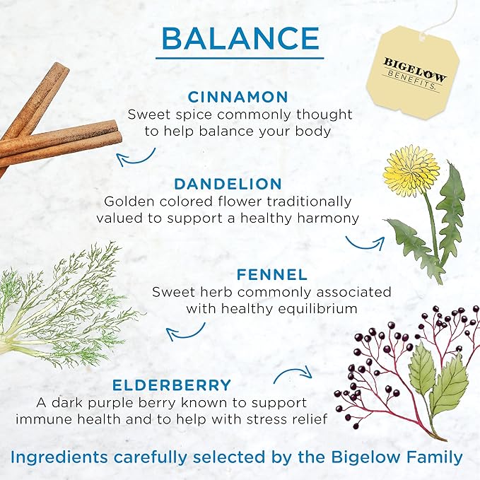 Bigelow Benefits Balance Cinnamon and Blackberry Herbal Tea, Caffeine Free, 18 Count (Pack of 6), 108 Total Tea Bags