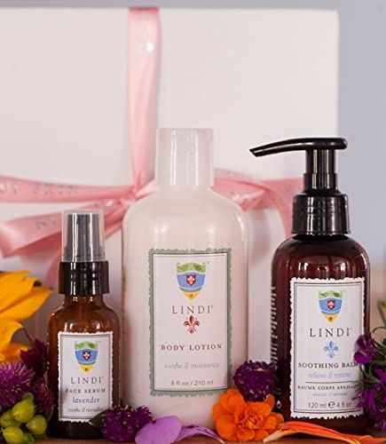 LINDI SKIN Vital Hydration Oncology Skincare Collection Gift Set That Includes Lavender Face Serum, Body Lotion, and Soothing Balm - Non-Irritating Hydrating Products for Dry & Itchy Skin