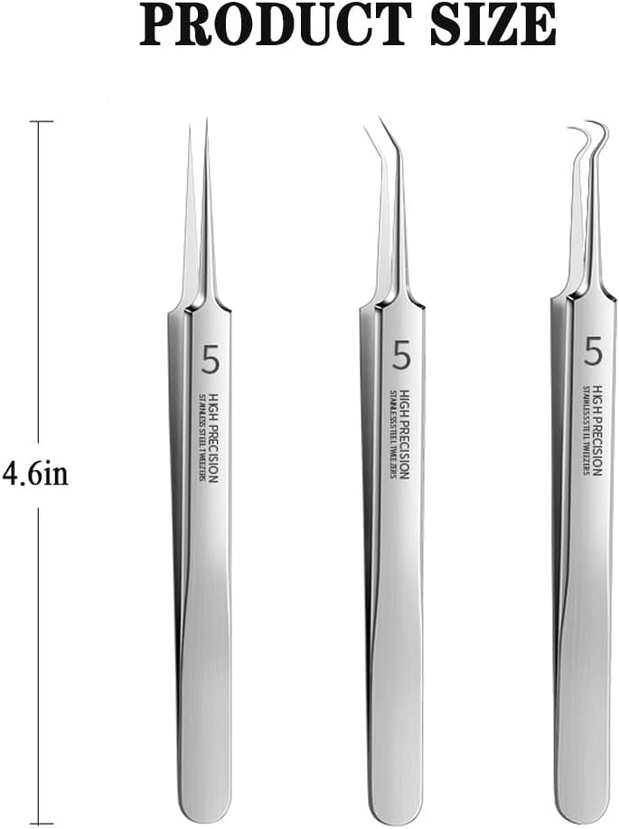 Professional Facial Blackhead Remover Tweezers,3Pcs Precision Pimple Popper Tool Kit for Whitehead Ance Blemishs Comedones Stainless Steel Makeup Tool - Glossy