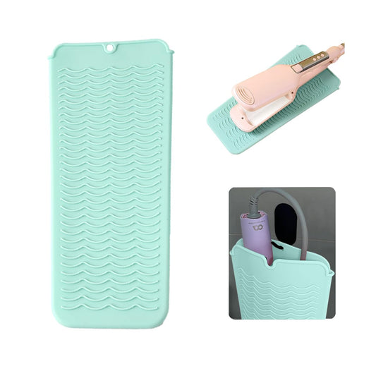 Heat Resistant Silicone Mat with Hanging Hole, Straightener Heat Resistant Travel Mat & Pouch for Curling Iron, Flat Iron and Other Hot Hair Styling Tools, 11 x 5 in, Green