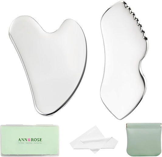 ANNROS 2Pcs Stainless Steel Gua Sha Facial Tools, GuaSha Set for Face Neck, Natural Skin Care，Perfect GuaSha Set for Skincare and Rituals and Travel-Friendly, Gift for Women