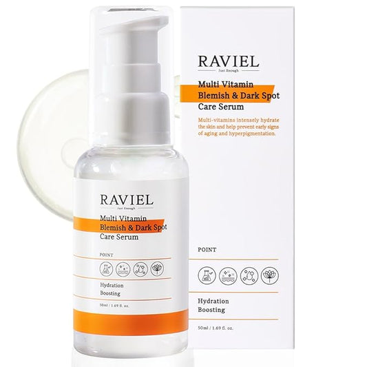 RAVIEL Multi Vitamin Dark Spot & Blemish Face Serum | 7 Hyaluronic Acid for Deep Hydration & Brightening for All Skin Types | Snail Mucin, Anti Aging, Korean Skincare (1.69 fl oz)