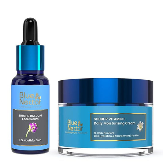 Blue Nectar Ultimate Men's Skincare Set: Face Cream & Bakuchi Anti Aging Serum Bundle for Youthful, Glowing Skin