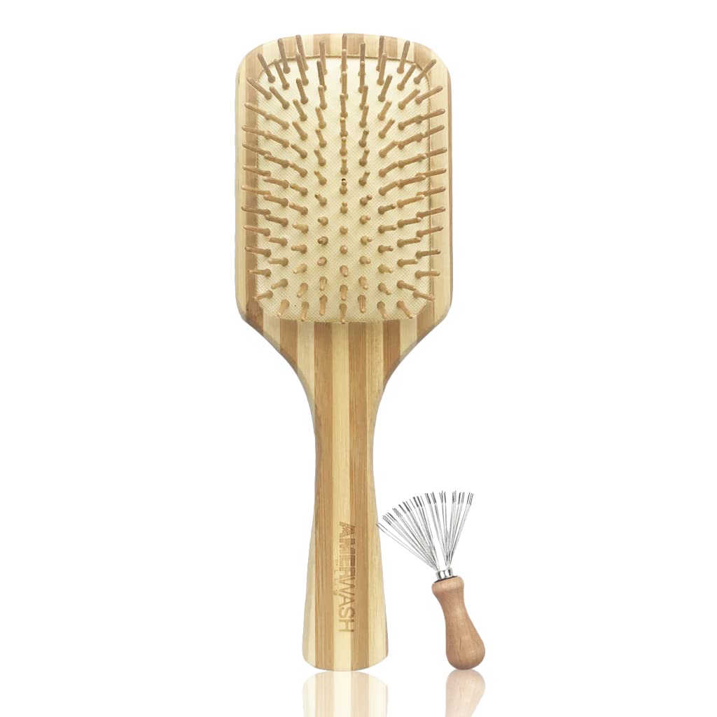 Bamboo Hair Brush with Cleaner Tool, Large Paddle Wooden Detangling Brush Perfect for Women Men Thick Curly Hair, Bamboo Bristles Help Hair Growth, Enhance Shine & Health, Massaging Scalp