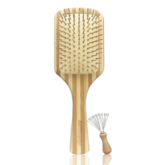 Bamboo Hair Brush with Cleaner Tool, Large Paddle Wooden Detangling Brush Perfect for Women Men Thick Curly Hair, Bamboo Bristles Help Hair Growth, Enhance Shine & Health, Massaging Scalp